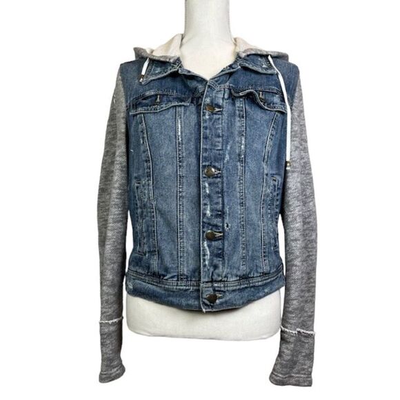 Free People Denim Knit Sleeve Hoodie Jacket Women's Size Medium - Picture 2 of 16